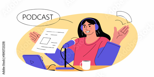 Woman recording a podcast with a microphone laptop and script in hand