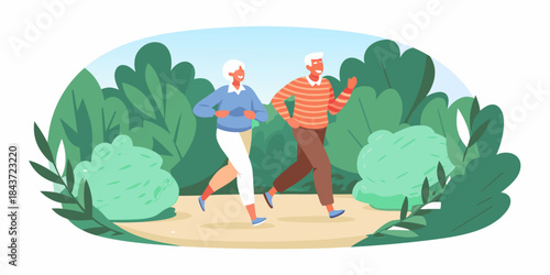 Active seniors enjoying a healthy jog together in a lush green park