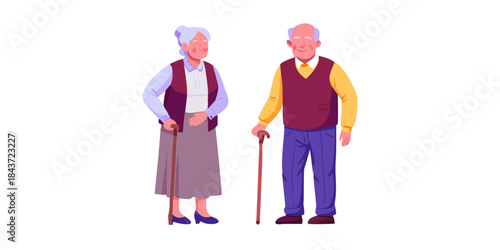 An illustration depicting an elderly couple standing side by side with walking sticks