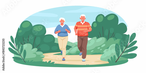 An elderly couple enjoying a walk together in a lush green park setting