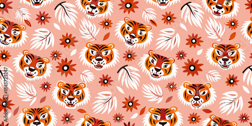 Repeating tiger face pattern with tropical leaves and floral accents