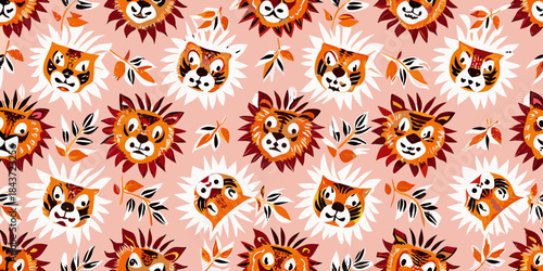 Repeating pattern of whimsical lion faces on a soft pink background