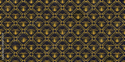 Elegant seamless pattern with golden dragonfly illustrations on a dark background