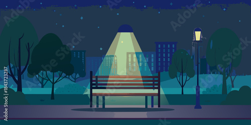 A peaceful night scene with a park bench illuminated by streetlights
