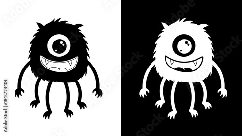 A cute cartoon one-eyed monster character in black and white silhouette design.