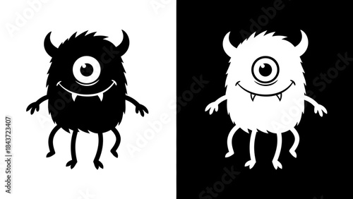 A cute one-eyed monster character illustration in black and white silhouette design