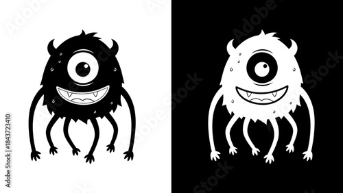 A simple and cute one-eyed monster character illustration in black and white for a fun design