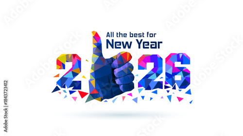 Modern New Year number 2026 integrated with a colorful, festive, geometric thumbs-up sign design for a good luck wish card.
