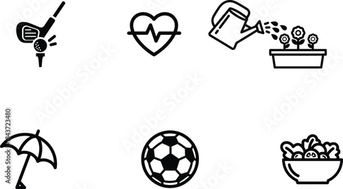 Collection of diverse black outline icons representing health sports gardening and healthy food lifestyle elements