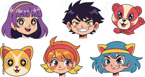 Diverse collection of animated character faces showcasing various emotions and styles