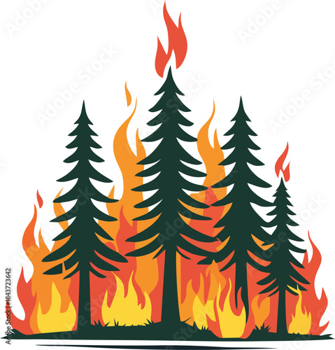 Wildfire Burning Pine Trees Vector Illustration