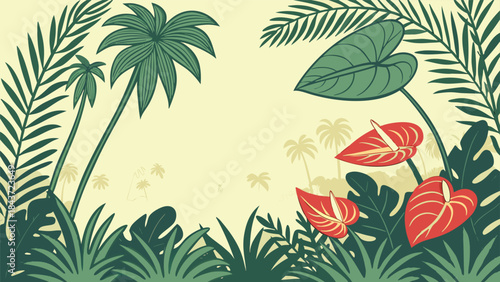 Vibrant tropical jungle foliage with red anthurium flowers
