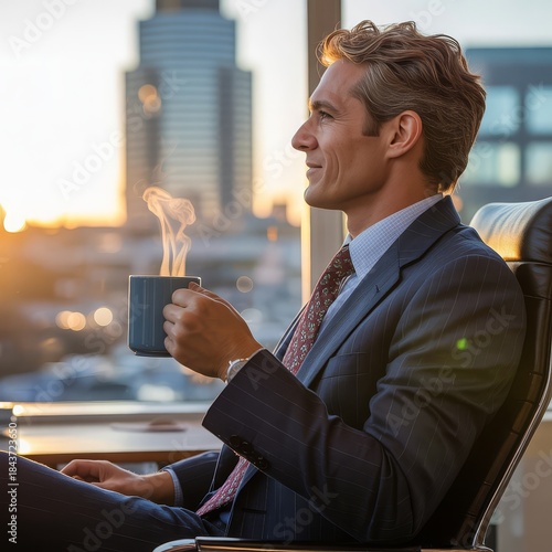 A businessman in a suit enjoys a hot beverage while looking out a window at a city skyline during sunset.