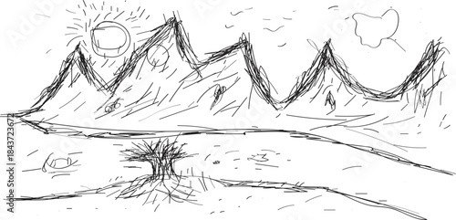 Rough Hand-Drawn Mountain Landscape Sketch Black and White Doodle Vector Background or Nature Illustration