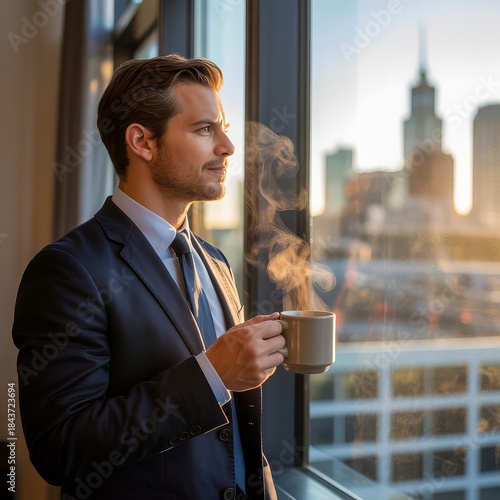 A businessman in a suit holding a coffee mug and looking out a window at a city skyline.