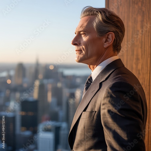 A distinguished businessman in a suit gazes out over a city skyline at sunset.