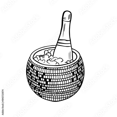 Champagne Bottle in Disco Ball Ice Bucket Line Art Illustration