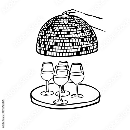 Hand Lifting Disco Ball Dome Over Wine Glasses, Minimal Line Art Illustration