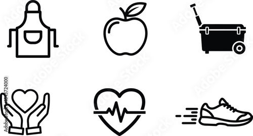 Comprehensive set of line art icons depicting healthy lifestyle elements kitchen essentials fitness activities and wellness concepts perfect for various design projects