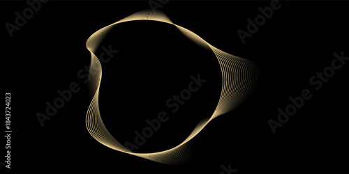 Abstract circle wave lines, gradient light equalizer gold wavy curve. Round frame in luxury golden color isolated on black background. Editable stroke. Vector illustration with copy space