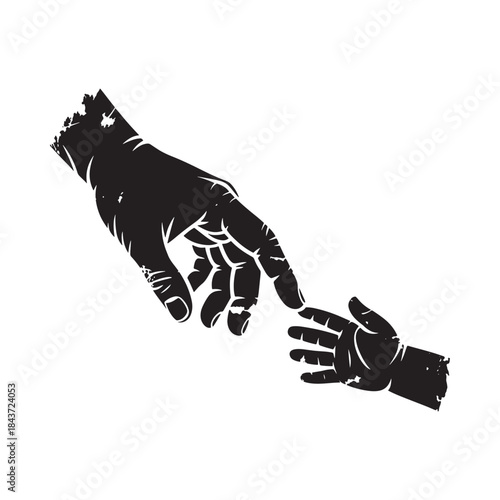 A helping hand reaching out to a smaller hand in a black and white illustration