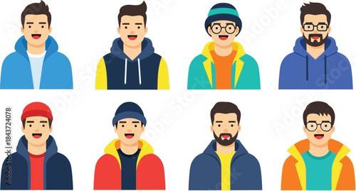 Eight happy cartoon male characters wearing casual attire and smiling cheerfully