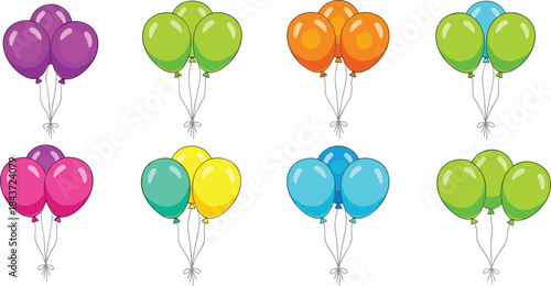 Colorful balloon bunch illustration set featuring bright party balloons in different color combinations, festive celebration vector elements for birthday and event designs