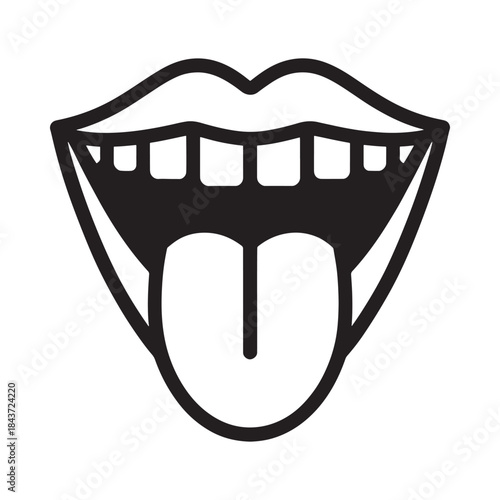 An open mouth with visible tongue and teeth a simple black and white illustration