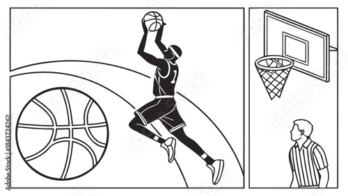 Basketball player soaring for a slam dunk in a comic strip style