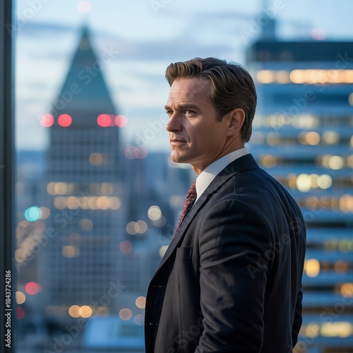 A businessman in a suit looks out a window at a city skyline at dusk.