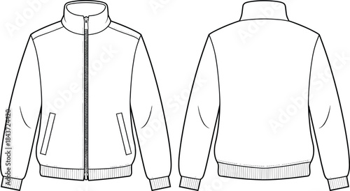 Technical flat sketch of fashion jacket front and back view with zipper, collar, pockets, ribbed cuffs and hem design