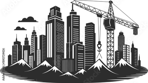 Urban skyline with construction crane and mountain backdrop, black and white cityscape vector blending architecture and nature for design use