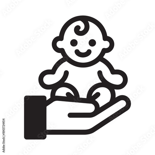 A simple black and white illustration of a baby held in a hand