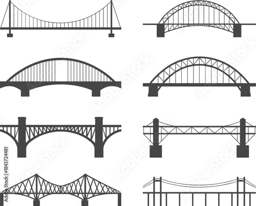 Set of Eight Bridge Silhouettes Showing Structural Engineering Types Including Suspension, Arch, Truss, and Cable-Stayed Designs for Education