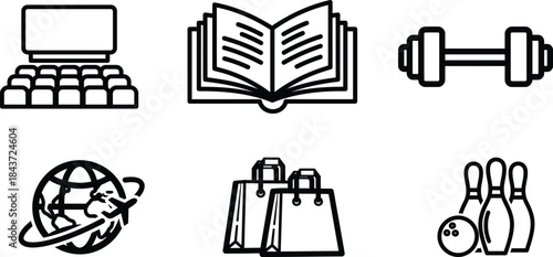 Diverse collection of black outline icons representing various lifestyle activities including entertainment education fitness travel shopping and sports