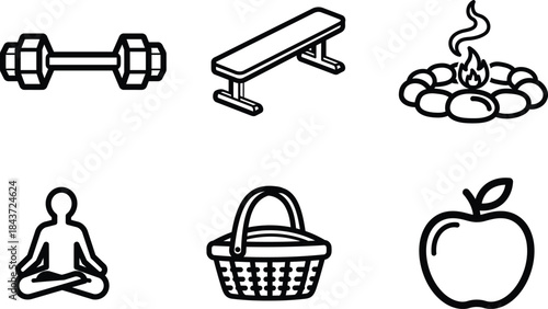 Diverse black and white outline icons representing fitness exercise meditation outdoor camping food and healthy lifestyle activities
