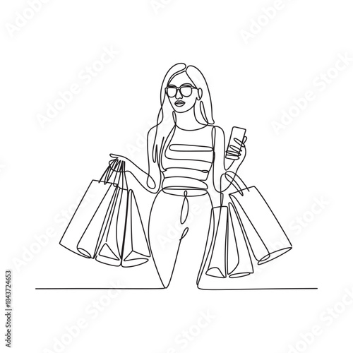 A continuous line drawing of a woman with shopping bags and a phone