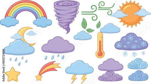 Colorful cartoon weather icon set with sun clouds rain snow wind rainbow storm and temperature symbols, cute playful vector illustrations for forecasts
