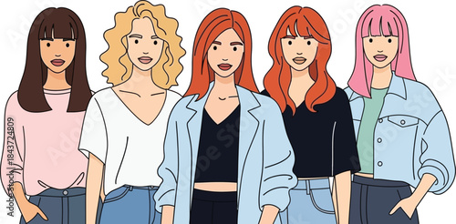Five Animated Women Friends with Distinct Styles Standing Happily Together
