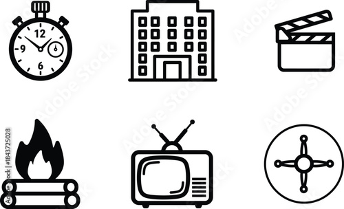 Diverse collection of line art icons featuring a stopwatch building clapperboard campfire television and compass navigation symbol