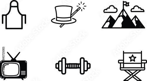 Diverse collection of lineart icons depicting cooking magic success entertainment fitness and film production elements for various design projects