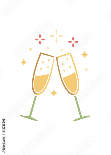 minimal champagne flutes clinking, thin line illustration, small sparkling accents, pastel or gold details, isolated on white, elegant new year party icon, vector clean style
