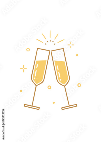 minimal champagne flutes clinking, thin line illustration, small sparkling accents, pastel or gold details, isolated on white, elegant new year party icon, vector clean style
