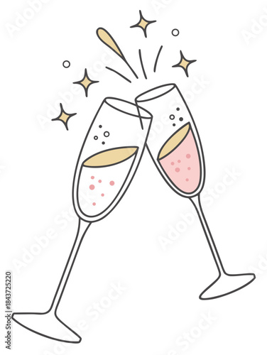 minimal champagne flutes clinking, thin line illustration, small sparkling accents, pastel or gold details, isolated on white, elegant new year party icon, vector clean style
