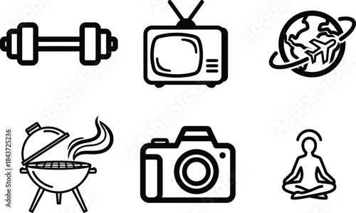 Diverse collection of outline icons representing various popular hobbies leisure activities entertainment and healthy lifestyle pursuits