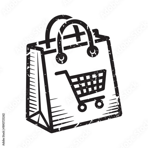 Black and white illustration of a shopping bag with a trolley inside