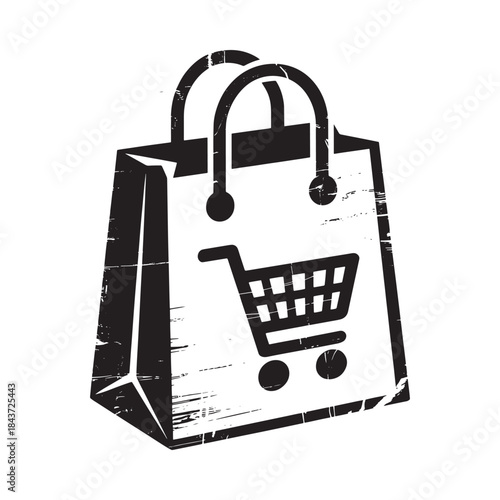 Black and white illustration of a shopping bag with a shopping cart graphic