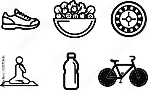 Healthy lifestyle and leisure activities icon set featuring fitness healthy food meditation hydration cycling and gambling symbols