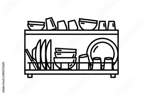 Dishes placed in dishwasher rack line art vector illustration