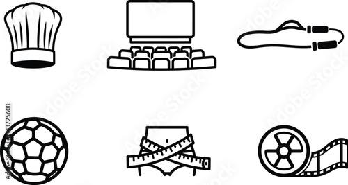 Minimalist outline vector icons collection representing cooking cinema sports fitness and film production on a clean background